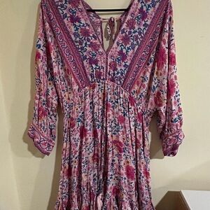 Pink Mini Sundress with Plunge Neckline and Bishop Sleeves